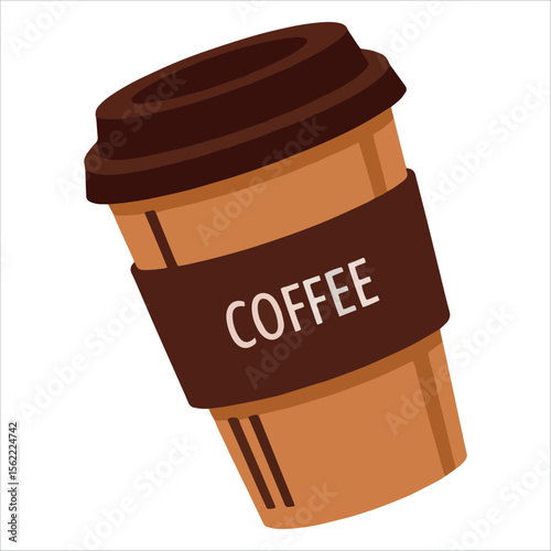 Flat style coffee cup featuring brown sleeve and lid. Simple vector graphic isolated on white, perfect for food service apps and minimalist retail branding.