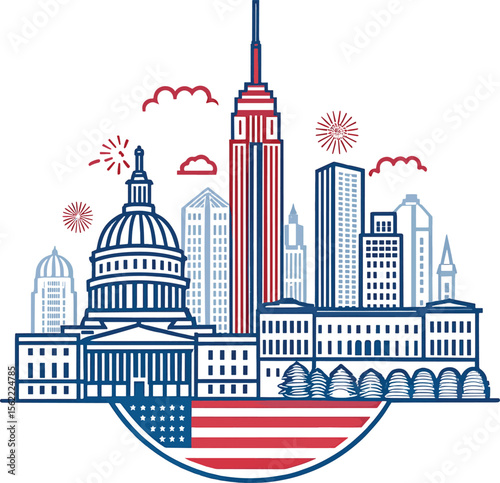 Washington DC skyline vector illustration featuring iconic buildings and monuments, with the US flag, in a striking red design