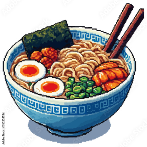 Pixel art illustration of a bowl of ramen with noodles, egg, seaweed, and chopsticks.