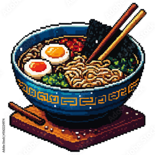 Pixel art illustration of a bowl of ramen with eggs, seaweed, noodles, and chopsticks on a wooden coaster.