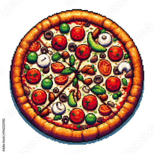 A colorful, stylized pizza with various toppings including tomatoes, mushrooms, olives, and green peppers.