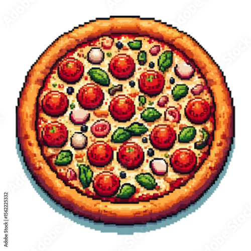 Pixel art pizza with tomatoes, mozzarella, and basil on a crispy crust, viewed from above.