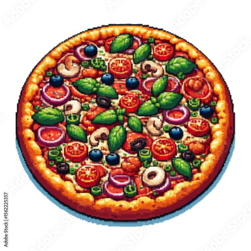 A vibrant, pixelated pizza with toppings like tomatoes, basil, onions, mushrooms, and olives, set against a white background.