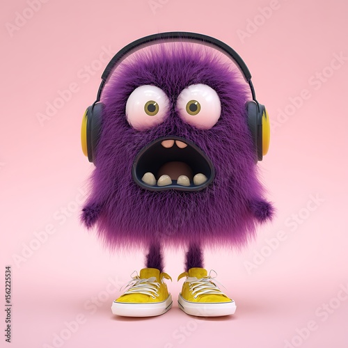 Purple furry monster wearing headphones