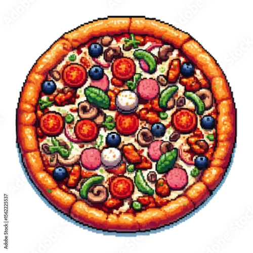 Top-down pixelated pizza with assorted toppings including pepperoni, olives, mushrooms, and green herbs, displayed on a white background.