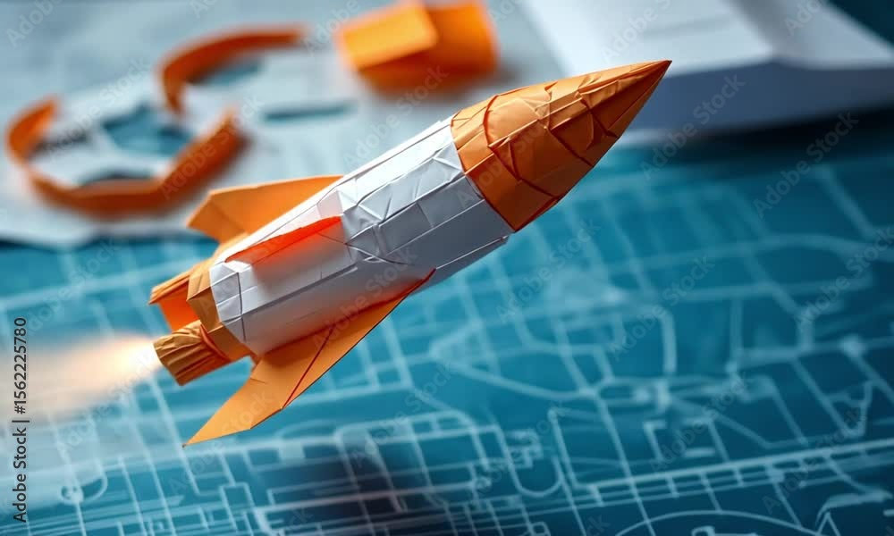 Orange and white origami rocket launching on a blueprint background with a flame effect from the rocket