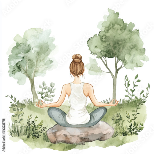 Watercolor Woman Meditating on Rock with Trees and Foliage