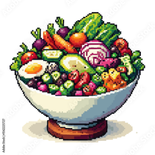 A vibrant pixel art illustration of a healthy, colorful salad bowl overflowing with fresh vegetables and ingredients.
