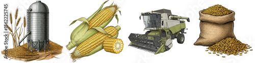 Wallpaper Mural Grain combine harvester, grain silo, corn cobs, and sack of grain isolated on transparent background Torontodigital.ca