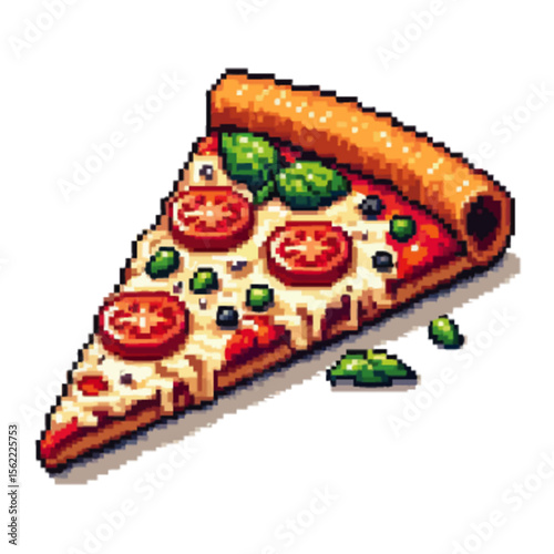 Pixel art depiction of a pizza slice with tomatoes, basil, and cheese, isolated on a white background.