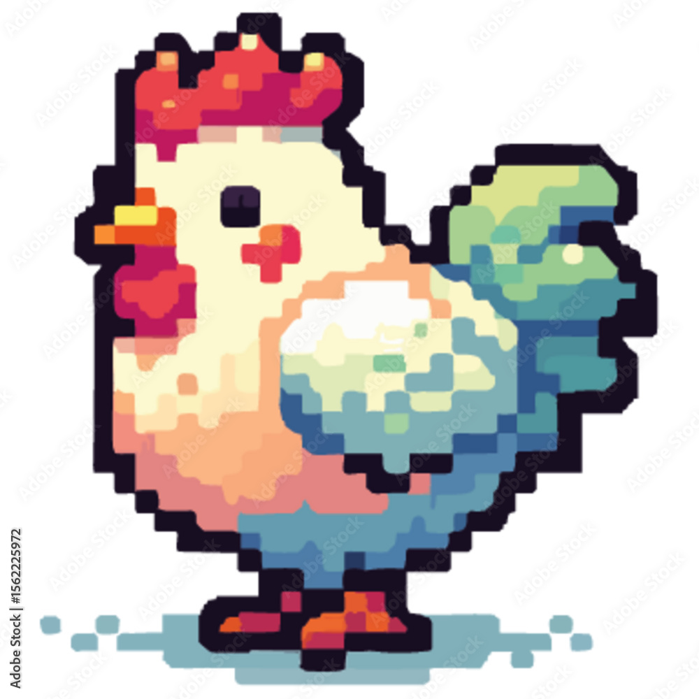 Obraz premium Pixelated cartoon chicken with blue and white feathers and a bright red comb, standing proudly on a white background.