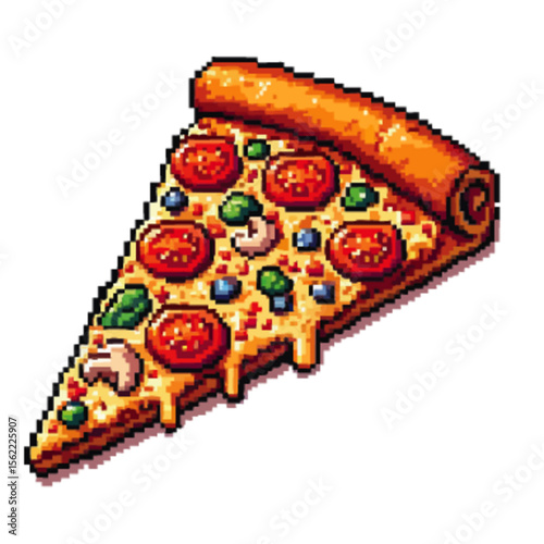 Pixelated slice of pepperoni pizza with melted cheese, tomato, and olives, angled slightly and placed on a plain white background.