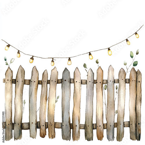 Watercolor Wooden Fence with String Lights and Delicate Greenery