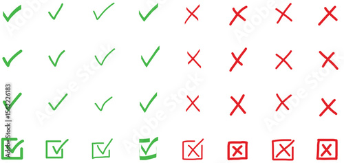 Check tick mark icon set. Cross box x check mark checkbox v list hand drawn sketch doodle brush marker checklist symbol wrong right circle. Vector Illustration.