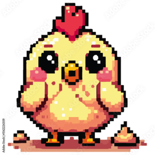 Chubby pixelated yellow chick with blushing cheeks and a surprised expression, standing on a white background.