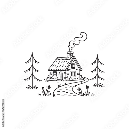 A charming sketch of a cozy thatched cottage nestled in a picturesque forest.This black and white line drawing depicts a quaint cottage with a thatched roof, situated amidst a tranquil forest setting.