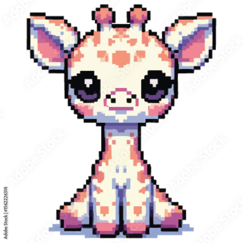 Pixelated baby giraffe with large eyes, pinkish tones, and gentle expression, sitting calmly on a clean white background.