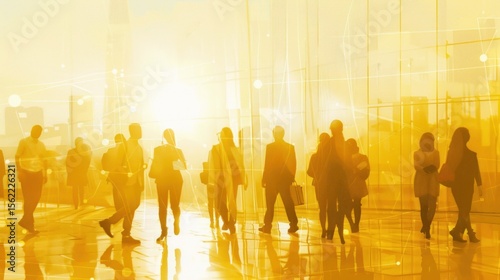People walking city golden light