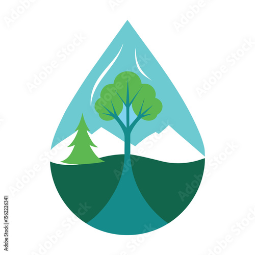 Nature s reflection captured within a clear water droplet showcasing a majestic mountain and lush tree landscape