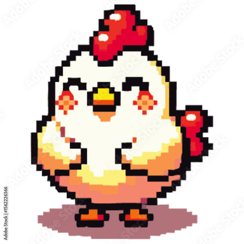 A pixelated, cartoon chicken with a red comb and rosy cheeks, smiling.