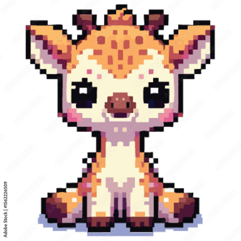 Obraz premium Pixel art illustration of a cute, cartoon giraffe sitting down with a sweet expression.