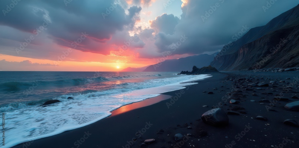 Naklejka premium Dark volcanic sand, dramatic Caspian coastline , dark sand, rocks, water