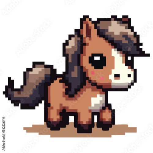 Cute pixelated brown pony with a dark mane and big eyes, standing on a white background.