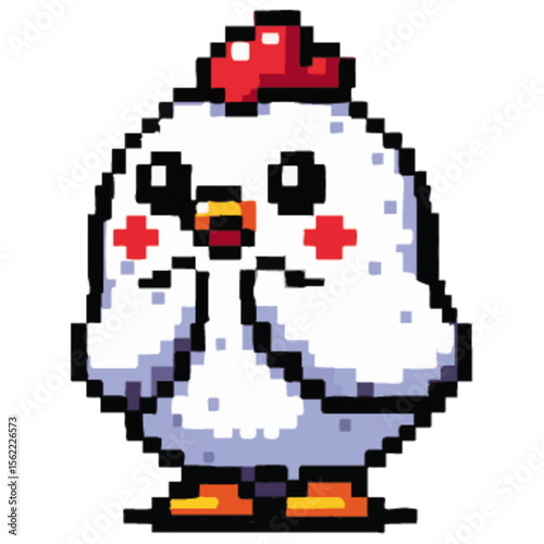 Pixel-style white chicken with red cheeks and a surprised expression, placed on a white background.