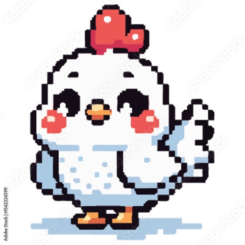Pixelated cartoon white hen with rosy cheeks and a red comb, standing on a white background.