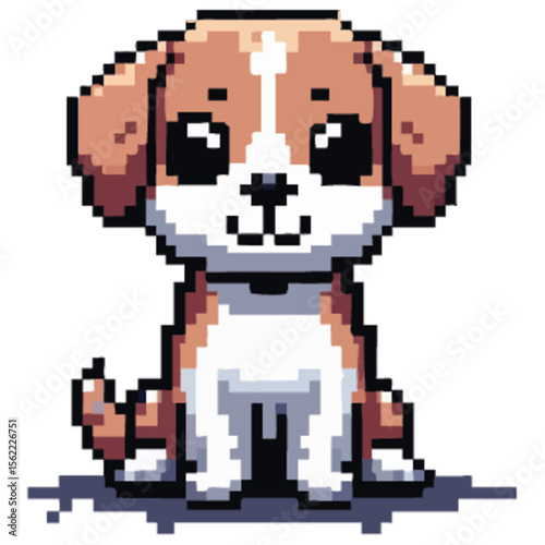 Pixel art illustration of a cute puppy with brown and white fur, sitting and looking forward.