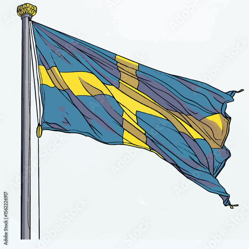 Waving Swedish Flag with Golden Crown Finial on a Metal Pole