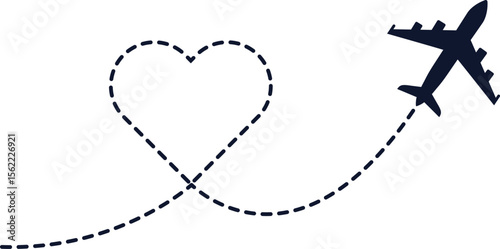 airplane flying with heart shaped trail. plane symbol with dotted line route. design for travel, honeymoon, holiday. transparent vector