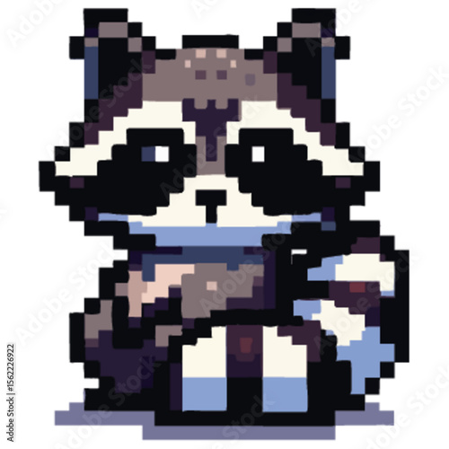 Cute Pixel Raccoon Sprite – 8-Bit Retro Game Character | Chibi Animal Pixel Art for Game Dev, NFT, Sticker, and Digital Asset