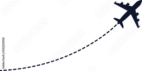 Airplane flying with curved dotted line vector graphic – minimalist travel path icon representing flight route, journey motion, aviation direction, and air transport navigation concept.
