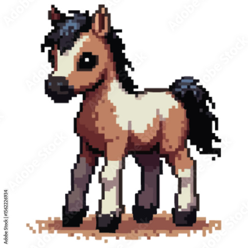 Adorable pixelated pony stands on a textured surface, looking forward with curiosity.