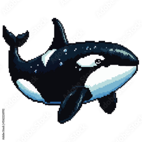 A pixelated illustration of a killer whale swimming, showcasing its distinctive black and white markings.