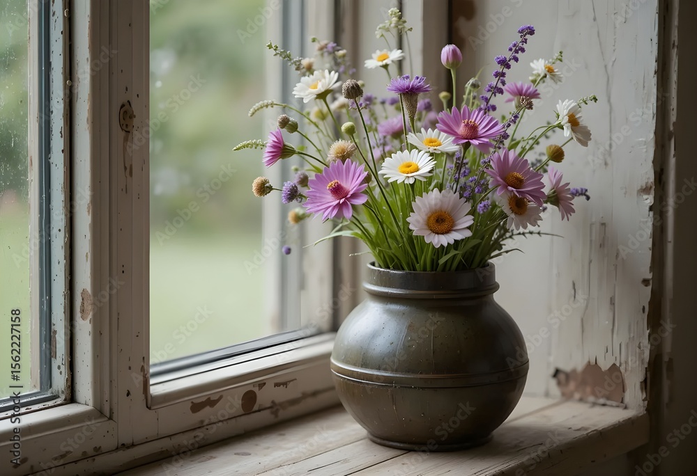 Fototapeta premium A vibrant bouquet of wildflowers, including daisies and purple blooms, arranged in a rustic bronze vase, placed on a weathered windowsill.