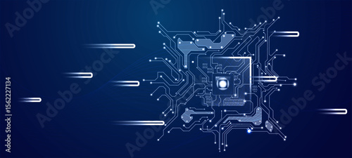 Digital AI semiconductor with light blue tech components and circuit board. blue circuit board