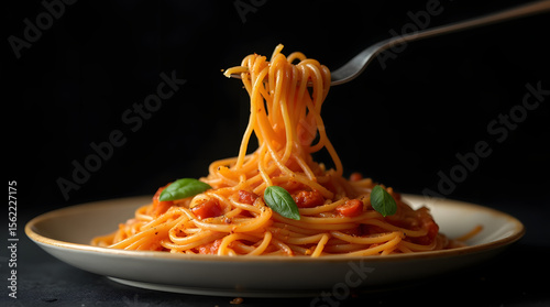 Assiette de spaghettis à la sauce tomate, bolognaise. Une fourchette argentée attrape les pâtes dans le plat.  isolé sur fond noir 