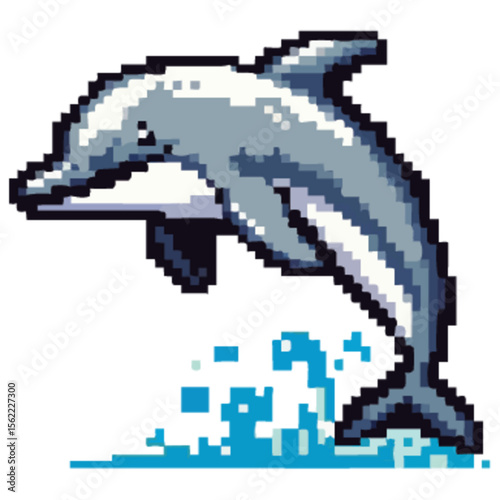Pixelated dolphin leaping out of water with splash effect, rendered in a retro, 8-bit style.