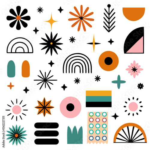 “Playful Abstract Geometric Pattern with Retro Shapes and Colorful Elements – Mid-Century Modern Style Design”