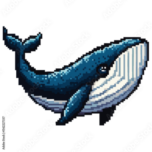 Pixelated illustration of a majestic blue whale swimming.