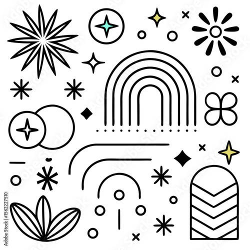“Playful Abstract Geometric Pattern with Retro Shapes and Colorful Elements – Mid-Century Modern Style Design”
