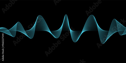 Abstract blue wavy lines of the sound wave. Dynamic gradient pulsating wave. Musical neon concept, symbols of the frequency of digital music. Vector illustration on a black background