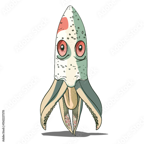 Whimsical Cartoon Squid with Red Eyes and Tentacles Unique Design