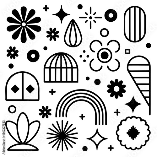 “Playful Abstract Geometric Pattern with Retro Shapes and Colorful Elements – Mid-Century Modern Style Design”