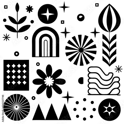 “Playful Abstract Geometric Pattern with Retro Shapes and Colorful Elements – Mid-Century Modern Style Design”