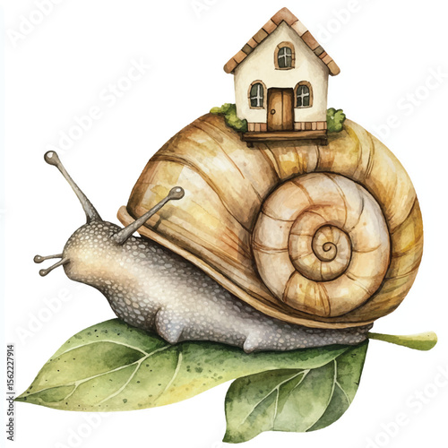 Whimsical Snail Carrying a Tiny House on a Lush Green Leaf Watercolor Style