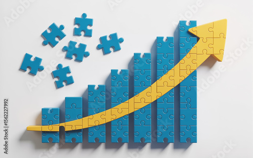 A conceptual representation of business growth and success illustrated using puzzle pieces with an upward arrow.