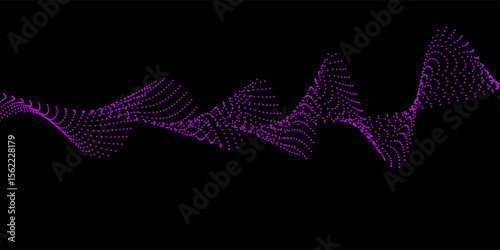 Abstract fluent wavy dots lines of the sound wave. Dynamic pulsating wave. Musical neon concept, symbols of the frequency of digital music. Vector illustration on a black background